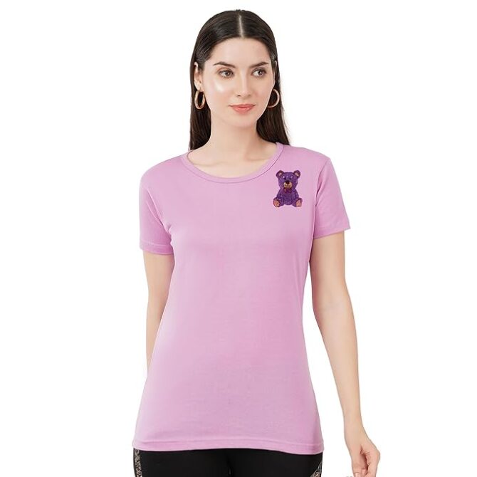 T-Shirt Half Sleeves Round Neck Design Teddy Bear Crystal Work Color Lavender - Image 2