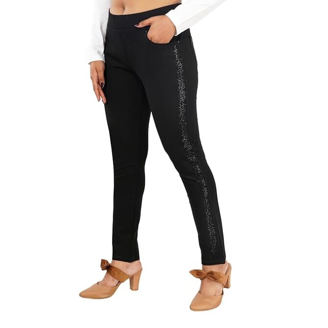 Jeggings Stretchable Slim Fit Scribbled Crystal Work Black - Image 3