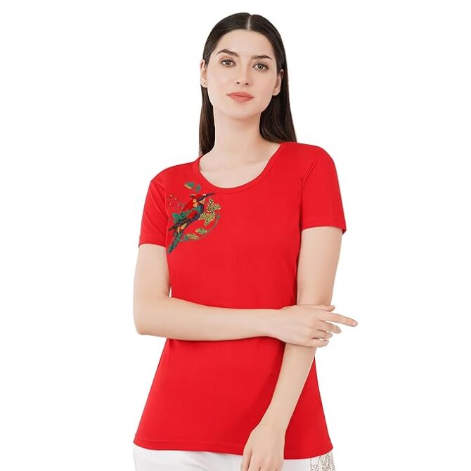 T-Shirt Round Neck Cotton, Half Sleeves Bird On Tree Design Crystal Work - Image 2