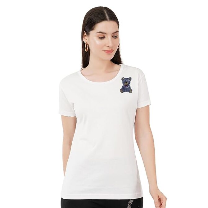 T-Shirt Half Sleeves Round Neck Design Teddy Bear Crystal Work Color  White Size (S-4XL) - Image 2