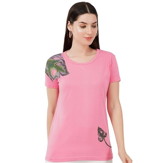 T-Shirt Round Neck Cotton, Half Sleeves Multi Color Leaf Design Crystal Work Color Beige, Light Pink, Lavender  Size ( S-4XL)
