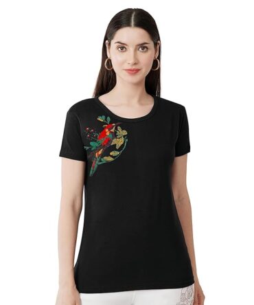 T-Shirt Round Neck Cotton, Half Sleeves Bird On Tree Design Crystal Work Color Black, Red, Dark Green, White, Size ( S-4XL)
