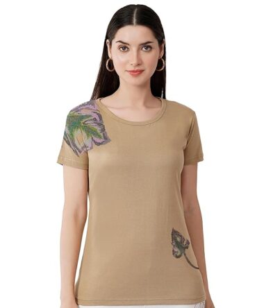 T-Shirt Round Neck Cotton, Half Sleeves Multi Color Leaf Design Crystal Work Color Beige, Light Pink, Lavender  Size ( S-4XL)