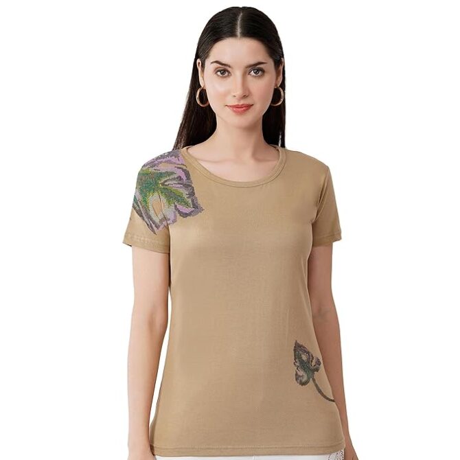 T-Shirt Round Neck Cotton, Half Sleeves Multi Color Leaf Design Crystal Work Color Beige, Light Pink, Lavender  Size ( S-4XL) - Image 2