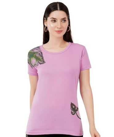 T-Shirt Round Neck Cotton, Half Sleeves Multi Color Leaf Design Crystal Work Color Beige, Light Pink, Lavender  Size ( S-4XL)