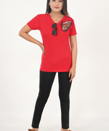 T-Shirt Half Sleeves V-Neck Design Butterfly Stone Crystal Work Color Red Size (S-4XL)