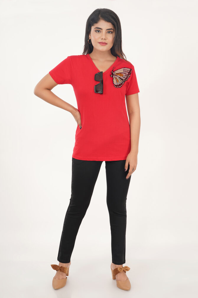 T-Shirt Half Sleeves V-Neck Design Butterfly Crystal Work Color Red