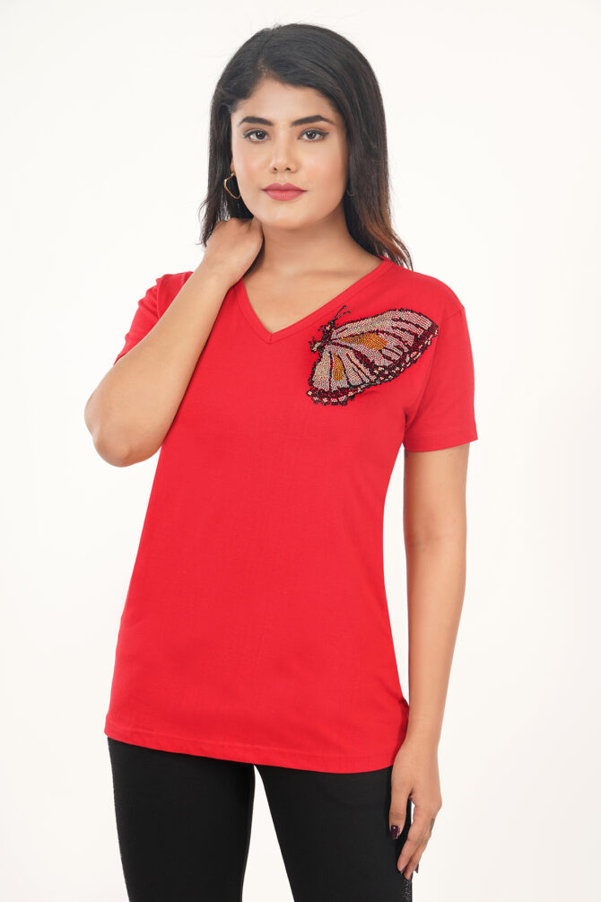 T-Shirt Half Sleeves V-Neck Design Butterfly Crystal Work Color Red - Image 5