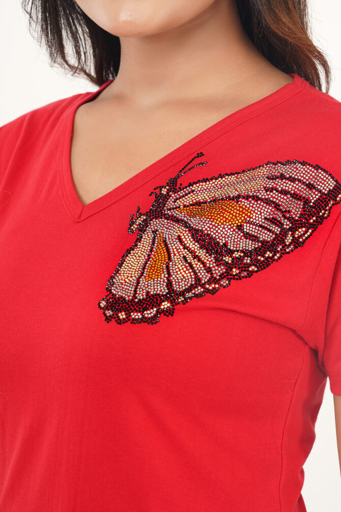 T-Shirt Half Sleeves V-Neck Design Butterfly Crystal Work Color Red - Image 2