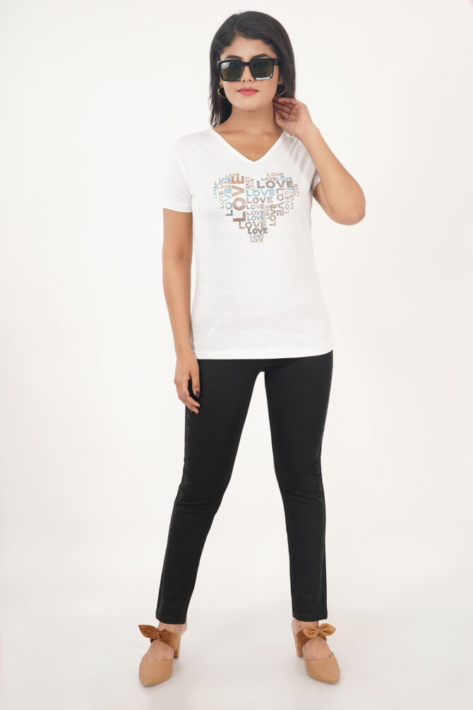T-Shirt Half Sleeves V-Neck Design Multi lovehot Color White Size (S-4XL) - Image 3
