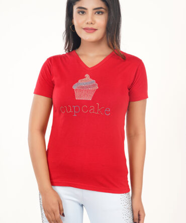 T-Shirt Half Sleeves V-Neck Design Cupcake Color Red Size (S-4XL)