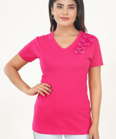 T-Shirt Half Sleeves V-Neck Design Side Butterflies Color Lite Pink Size (S-4XL)