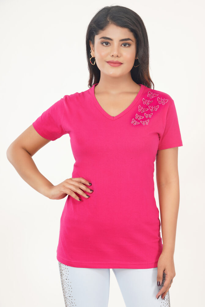 T-Shirt Half Sleeves V-Neck Design Side Butterflies Color Lite Pink Size (S-4XL)