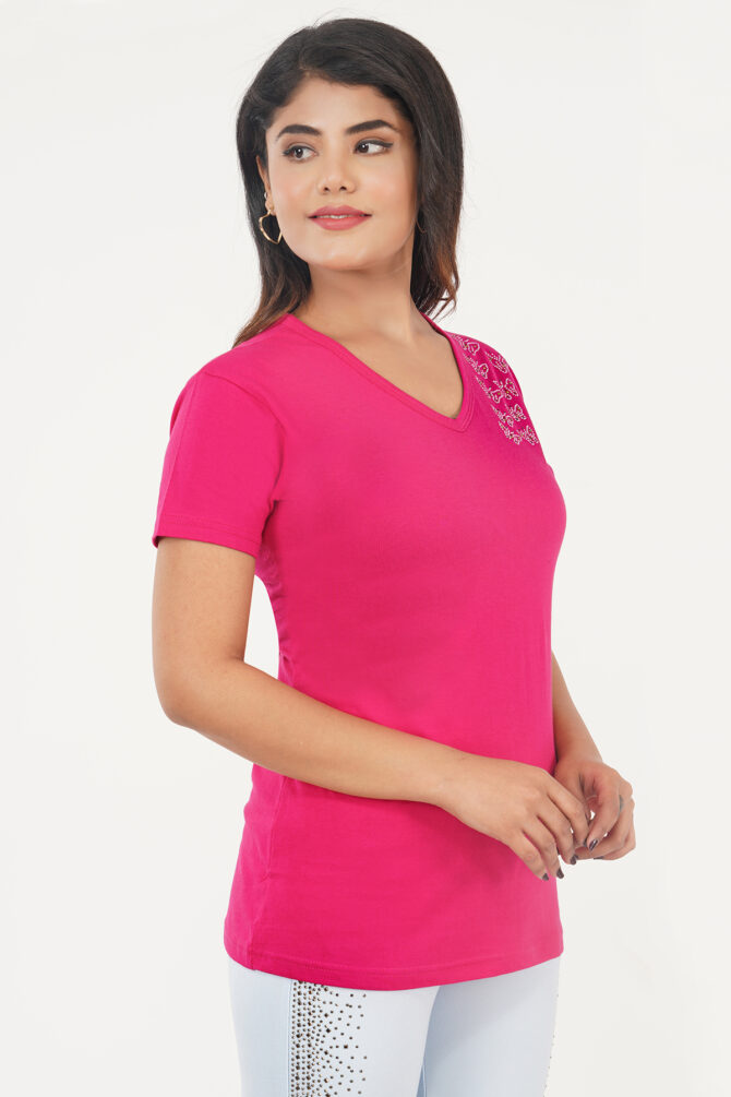 T-Shirt Half Sleeves V-Neck Design Side Butterflies Color Lite Pink Size (S-4XL) - Image 5