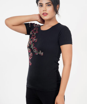 T-Shirt Half Sleeves Round Neck Design Side Spread Beil Color Black Size (S-4XL)