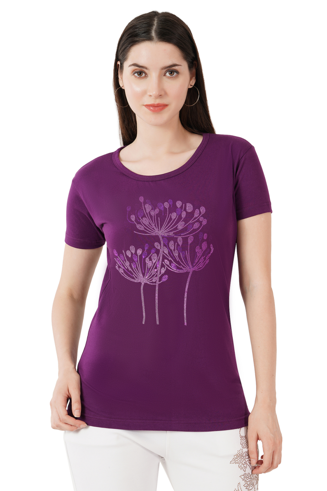 T-Shirt Half Sleeves Round Neck Design Flame Flower Stone Crystal Work Color Beige, Purple Size (S-4XL) - Image 2