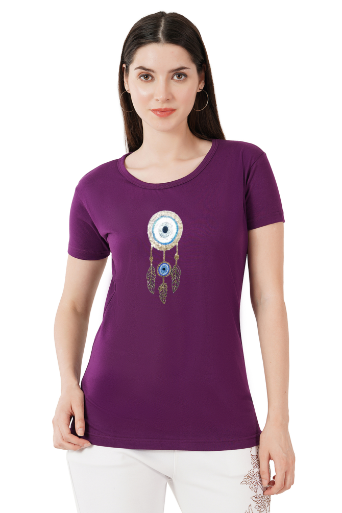 T-Shirt Round Neck Cotton, Half Sleeves Evil Eye Dream Catcher Crystal Work Size ( S-4XL) - Image 3