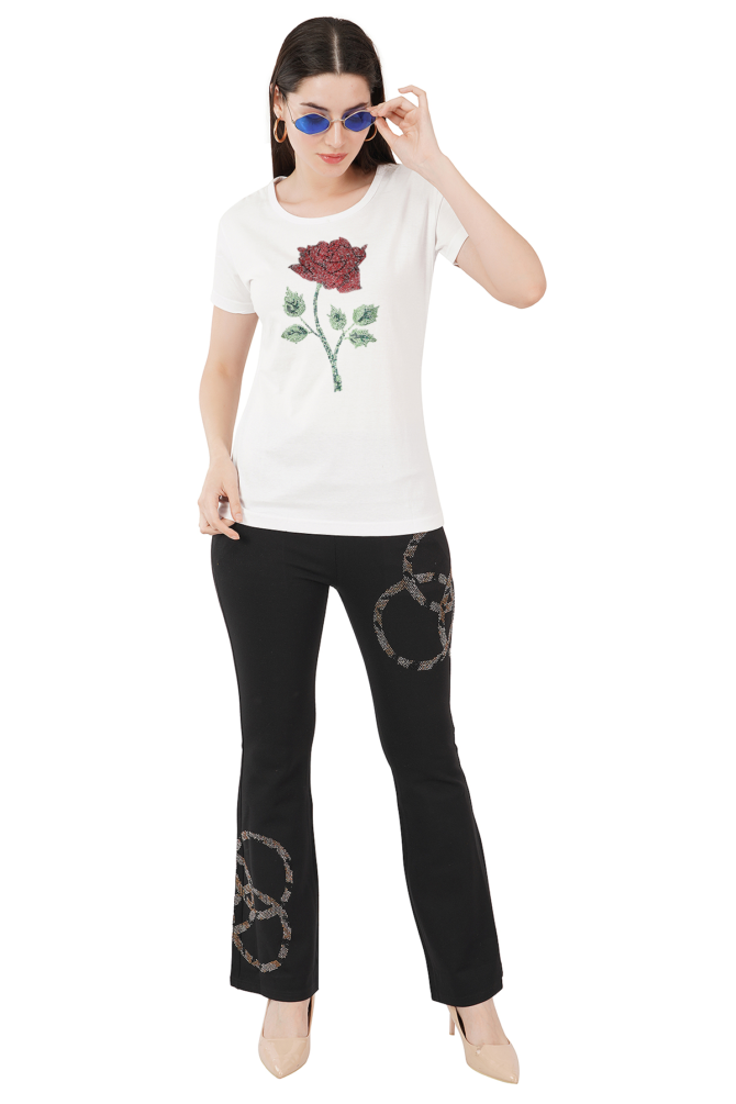 T-Shirt Half Sleeves Round Neck Design Rose flower Crystal Work Size (S-4XL) - Image 4