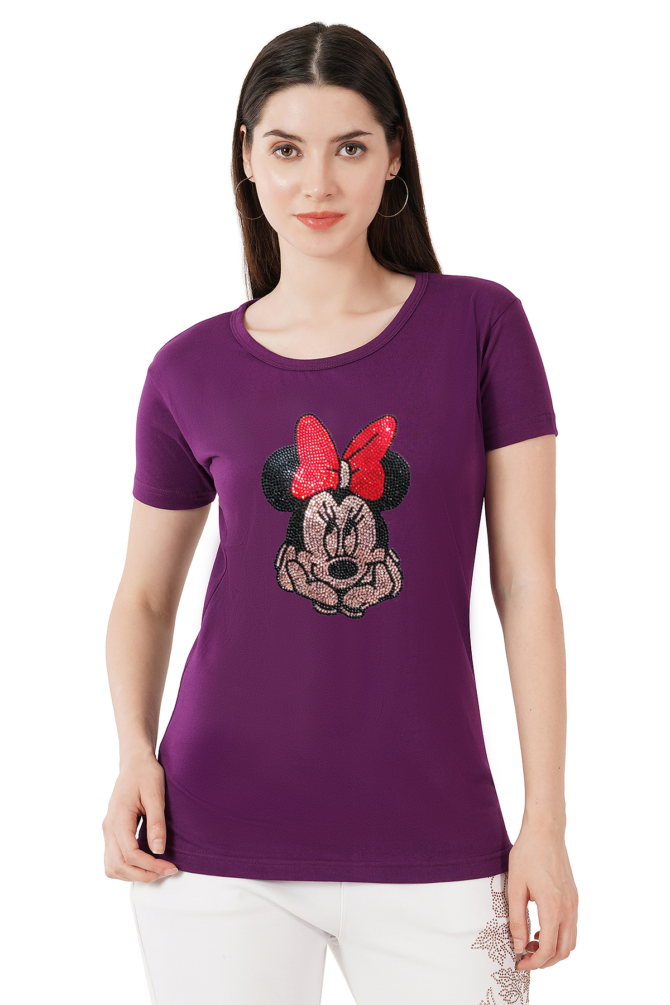 T-Shirt Round Neck Cotton, Half Sleeves Minnie Mouse Crystal Work Size ( S-4XL) - Image 2