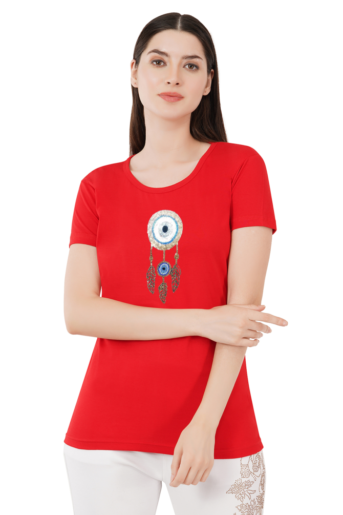 T-Shirt Round Neck Cotton, Half Sleeves Evil Eye Dream Catcher Crystal Work Size ( S-4XL) - Image 2