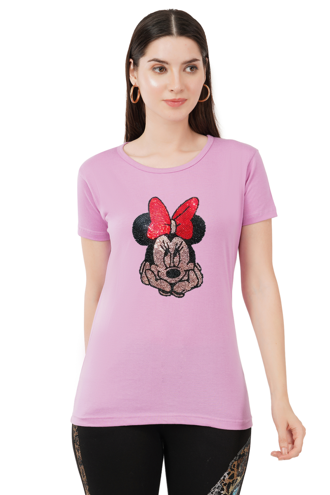 T-Shirt Round Neck Cotton, Half Sleeves Minnie Mouse Crystal Work Size ( S-4XL) - Image 9