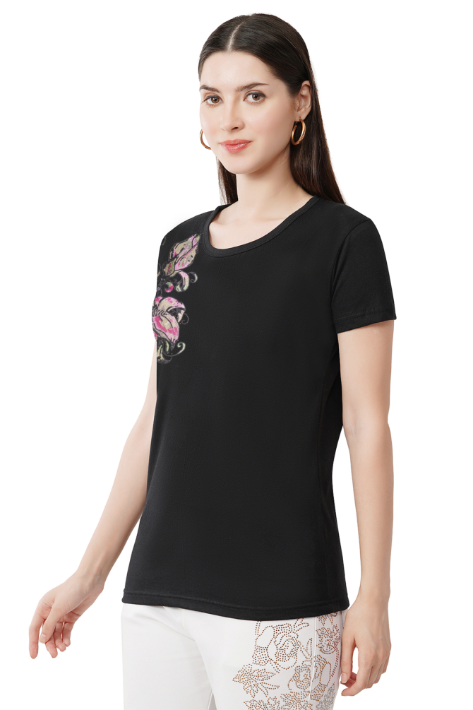 T-Shirt Round Neck Cotton, Half Sleeves Crystal Work Blue Floral Design Size (S-4XL) - Image 3