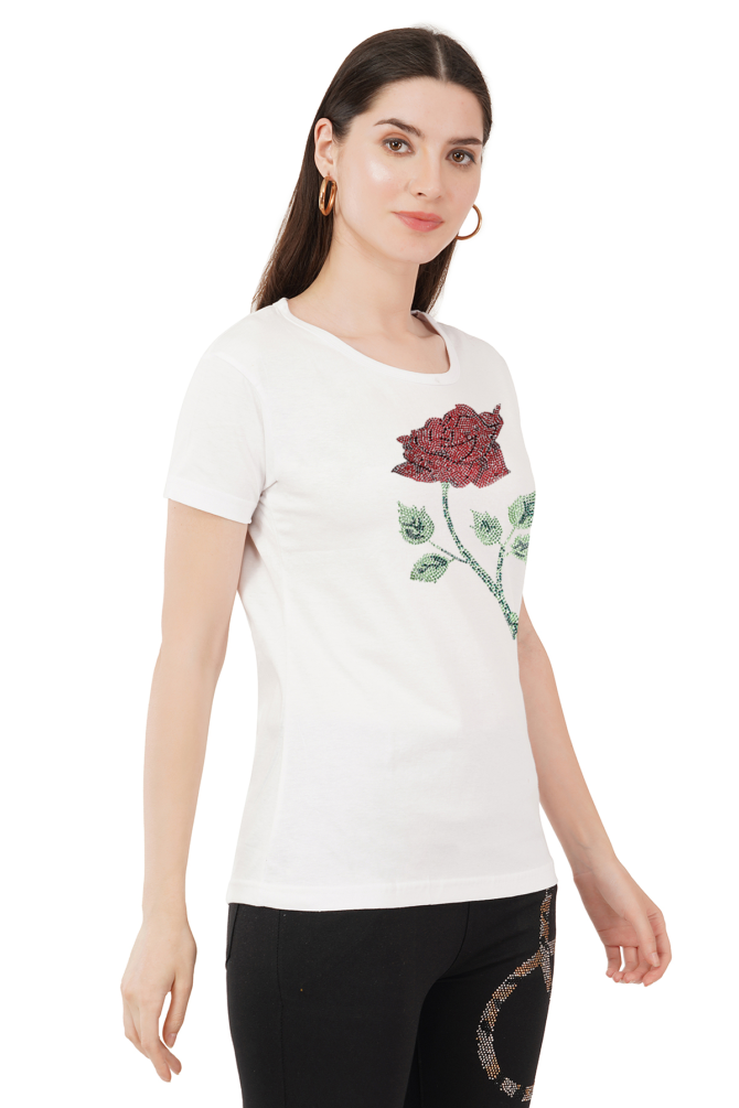 T-Shirt Half Sleeves Round Neck Design Rose flower Crystal Work Size (S-4XL) - Image 3