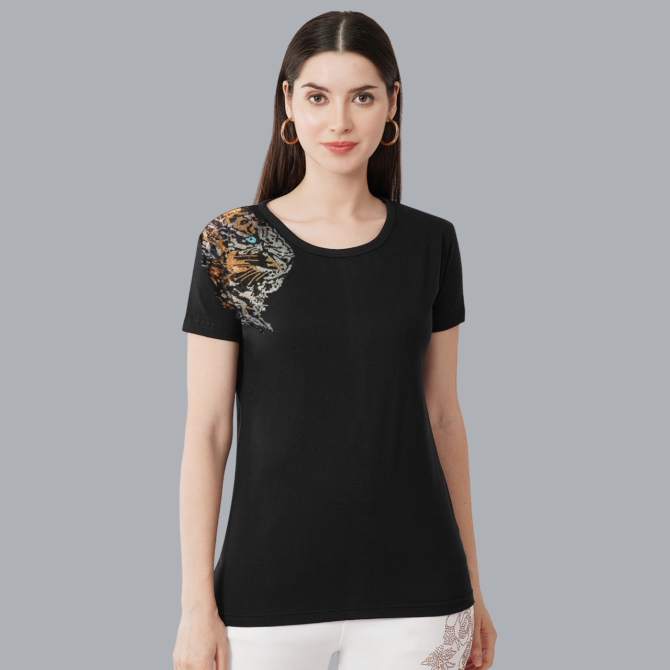 T-Shirt Round Neck Cotton, Half Sleeves Panther Pro Crystal Work T-Shirt Black