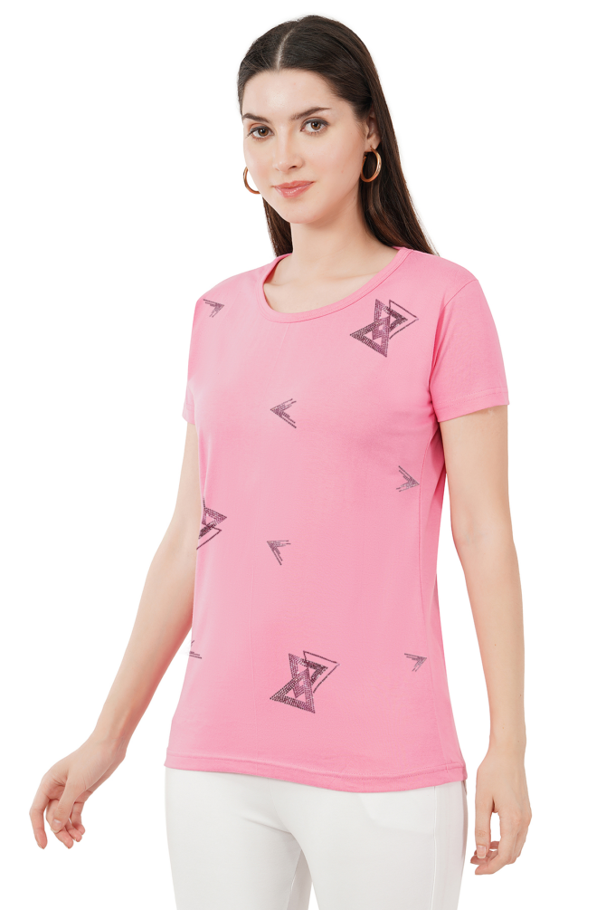 T-Shirt Half Sleeves Round Neck Design Abstract Crystal Work Size (S-4XL)