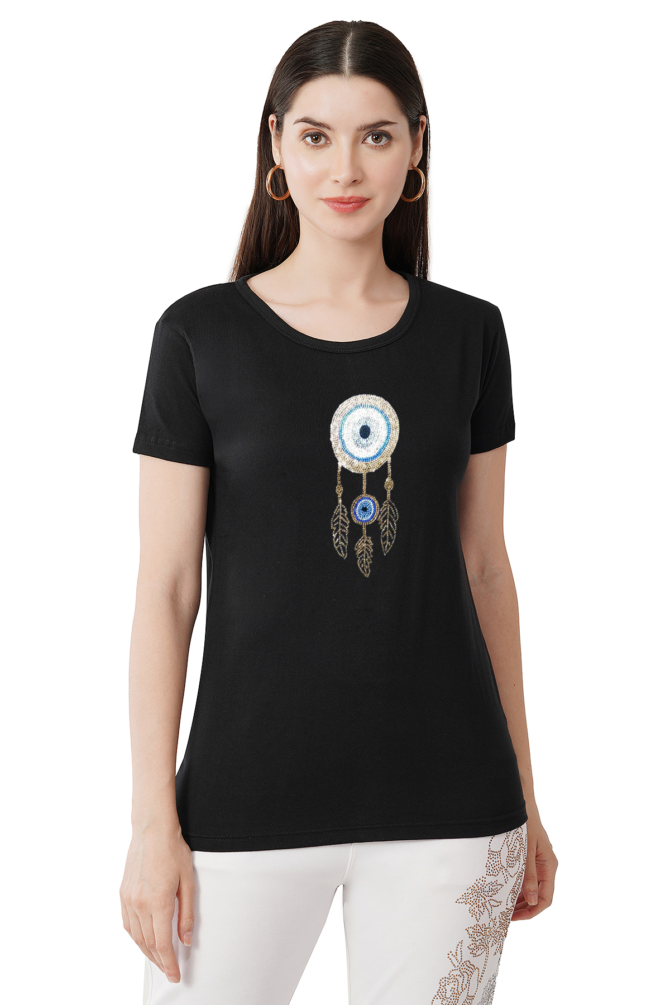 T-Shirt Round Neck Cotton, Half Sleeves Evil Eye Dream Catcher Crystal Work Size ( S-4XL) - Image 7