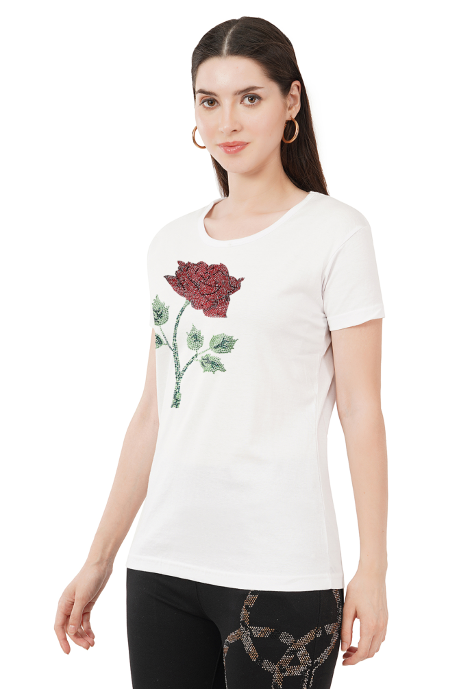 T-Shirt Half Sleeves Round Neck Design Rose flower Crystal Work Size (S-4XL) - Image 2