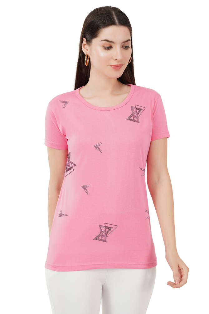 T-Shirt Half Sleeves Round Neck Design Abstract Crystal Work Size (S-4XL) - Image 2