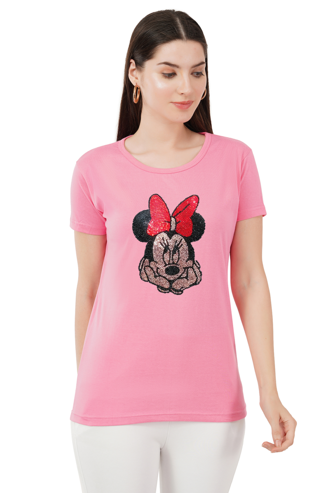 T-Shirt Round Neck Cotton, Half Sleeves Minnie Mouse Crystal Work Size ( S-4XL) - Image 6