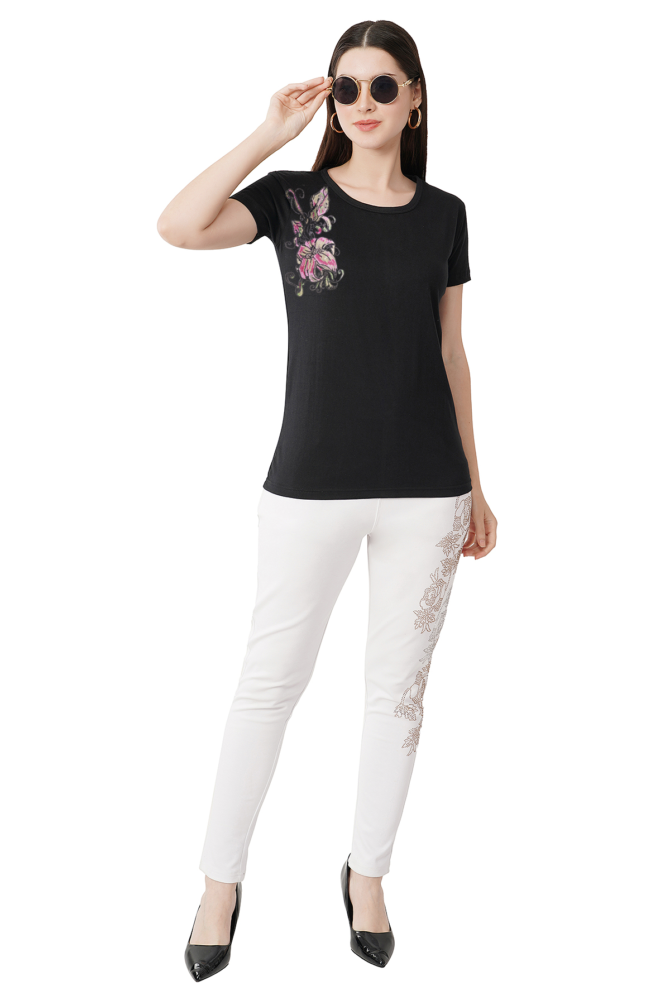 T-Shirt Round Neck Cotton, Half Sleeves Crystal Work Blue Floral Design Size (S-4XL) - Image 4
