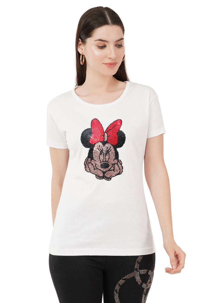 T-Shirt Round Neck Cotton, Half Sleeves Minnie Mouse Crystal Work Size ( S-4XL) - Image 7