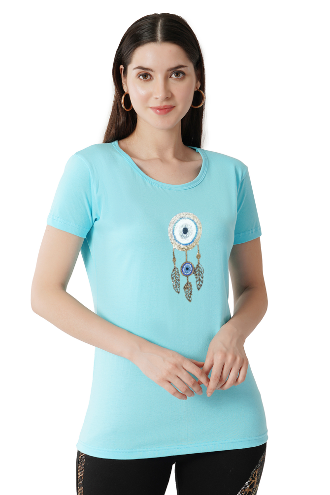 T-Shirt Round Neck Cotton, Half Sleeves Evil Eye Dream Catcher Crystal Work Size ( S-4XL) - Image 4