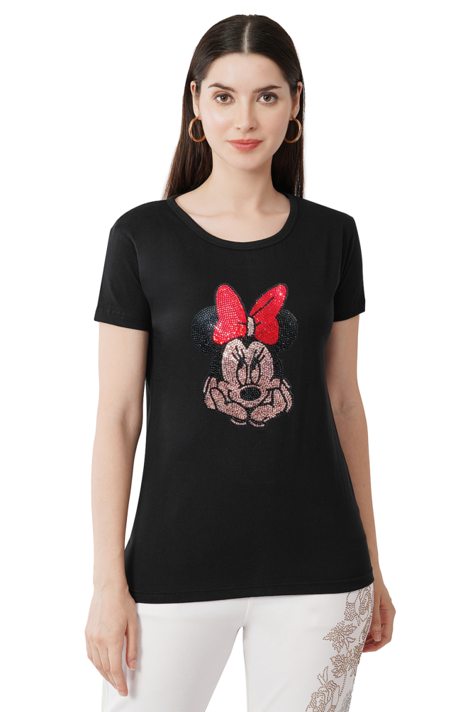 T-Shirt Round Neck Cotton, Half Sleeves Minnie Mouse Crystal Work Size ( S-4XL) - Image 8