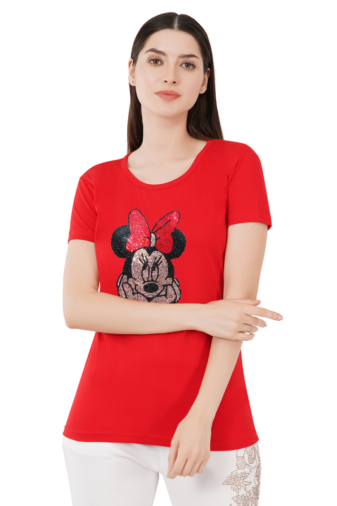 T-Shirt Round Neck Cotton, Half Sleeves Minnie Mouse Crystal Work Size ( S-4XL) - Image 3