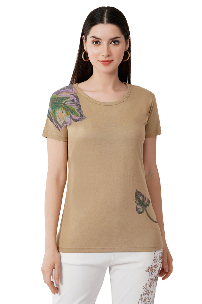 T-Shirt Round Neck Cotton, Half Sleeves Multi Color Leaf Crystal Work Size ( S-4XL) - Image 6