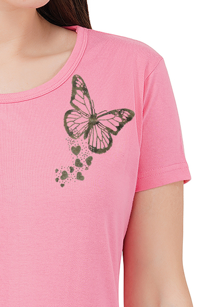 T-Shirt Round Neck Cotton Half Sleeves Golden Butterfly Crystal Work Size (S-4XL) - Image 2