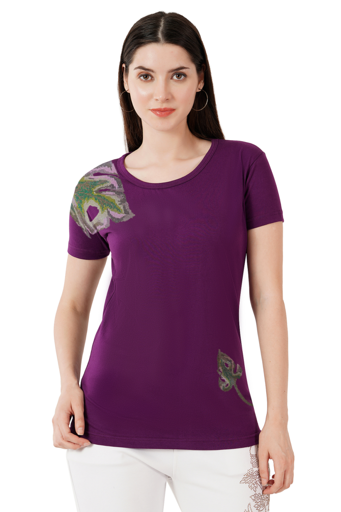 T-Shirt Round Neck Cotton, Half Sleeves Multi Color Leaf Crystal Work Size ( S-4XL) - Image 7