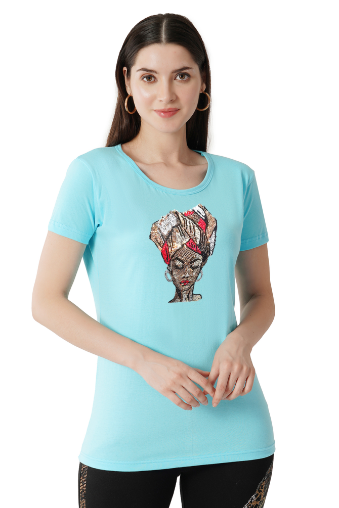T-Shirt Round Neck Cotton, Half Sleeves Turbon Girl Face Crystal Work Size ( S-4XL) - Image 4