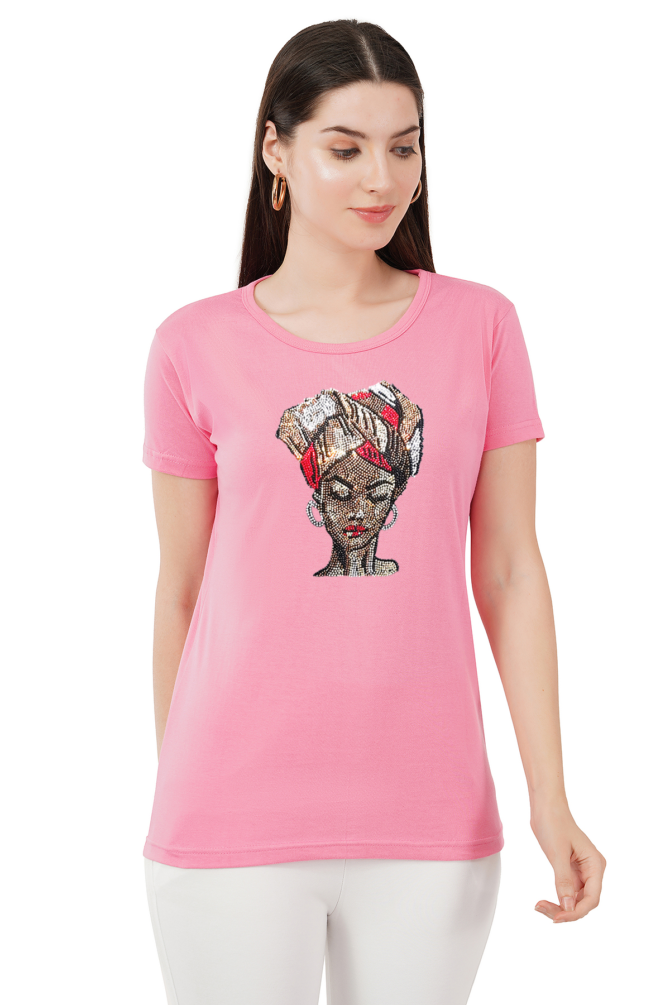 T-Shirt Round Neck Cotton, Half Sleeves Turbon Girl Face Crystal Work Size ( S-4XL) - Image 5