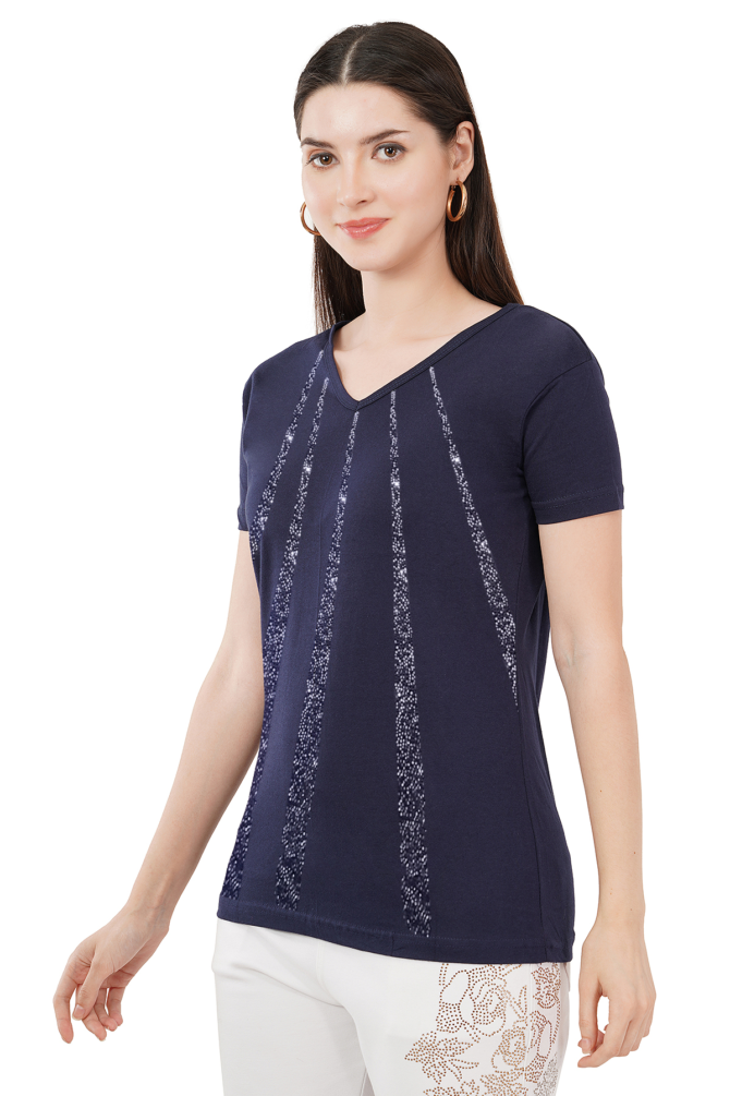 T-Shirt V-Neck Cotton, Half Sleeves Vertical lines Crystal Work Size ( S-4XL) - Image 4