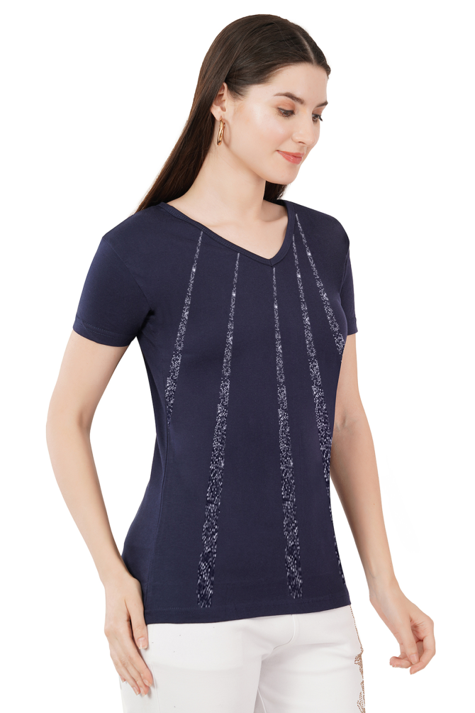 T-Shirt V-Neck Cotton, Half Sleeves Vertical lines Crystal Work Size ( S-4XL) - Image 3