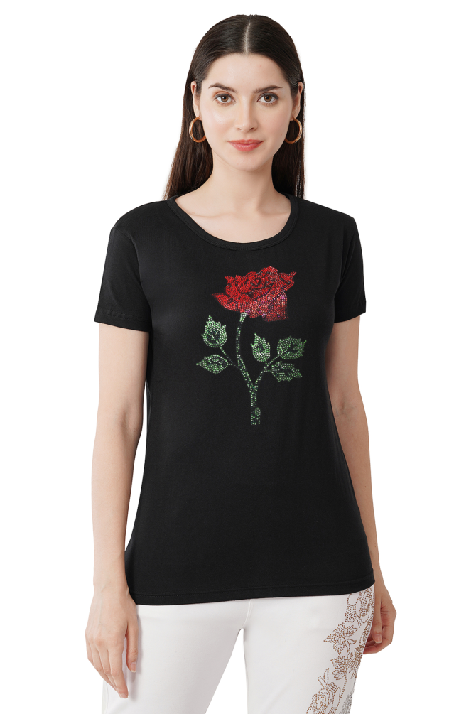 T-Shirt Half Sleeves Round Neck Design Rose flower Crystal Work Size (S-4XL)