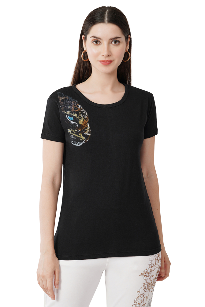 T-Shirt Half Sleeves Round Neck Design Panther Pro Crystal Work Size (S-4XL)