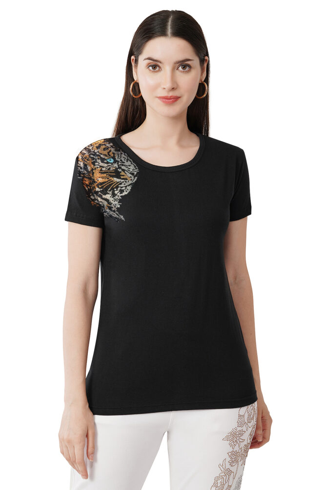 T-Shirt Round Neck Cotton, Half Sleeves Panther Pro Crystal Work T-Shirt Black - Image 3
