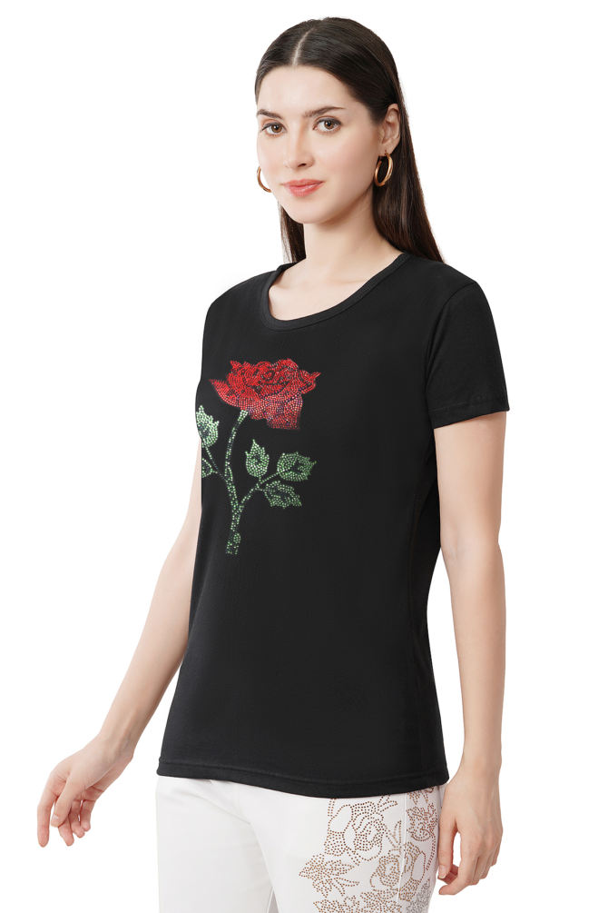 T-Shirt Half Sleeves Round Neck Design Rose flower Crystal Work Size (S-4XL) - Image 2