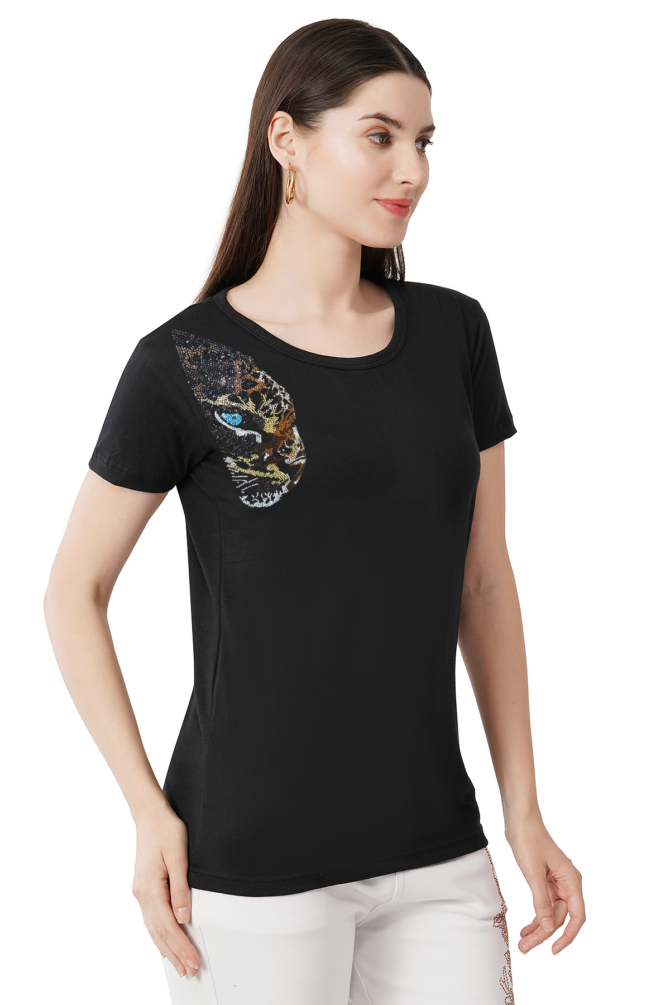 T-Shirt Half Sleeves Round Neck Design Panther Pro Crystal Work Size (S-4XL) - Image 3